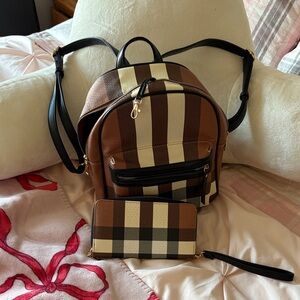 Source Unknown Brown and Cream Plaid Backpack